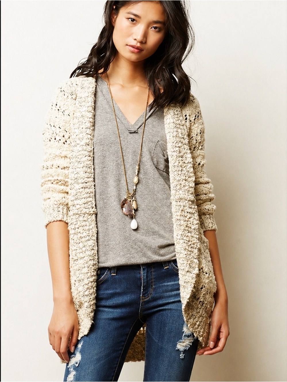 Anthropologie Heritage Knit Open Cardigan Wool Mohair Blend Sequin Detail Cozy L